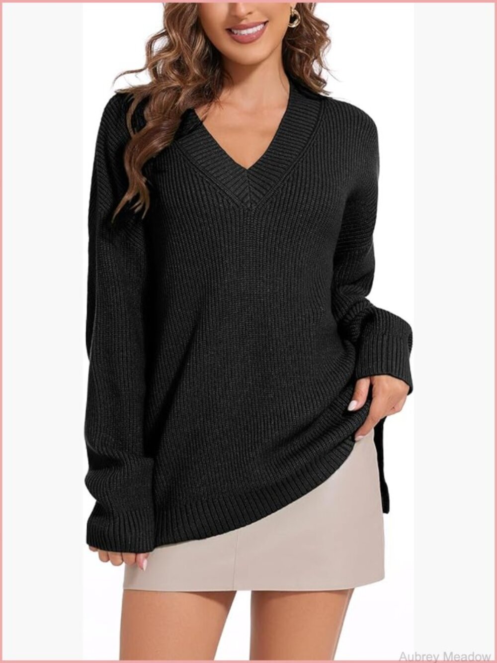V-Neck Oversized Sweater Off Shoulder Loose Knit Jumper Pullover